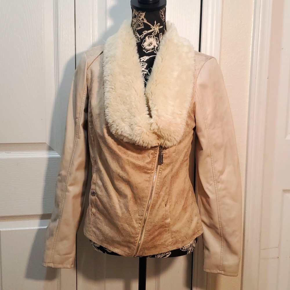 G by Guess Tan Kayrynn Suede Jacket With Fur Collar M